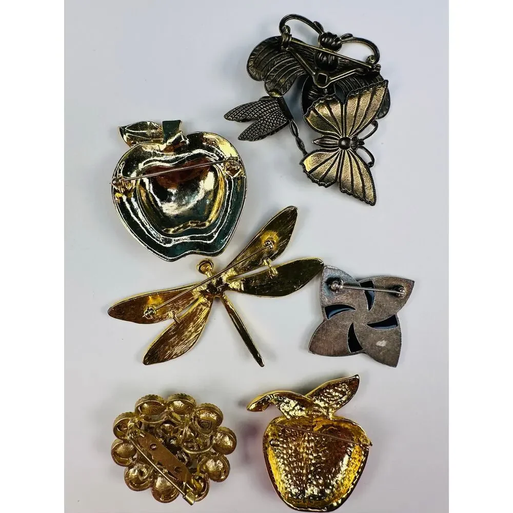 Vintage Enamel and Bead Brooch Pin Bundle Apple, Dragonfly, Sunburst